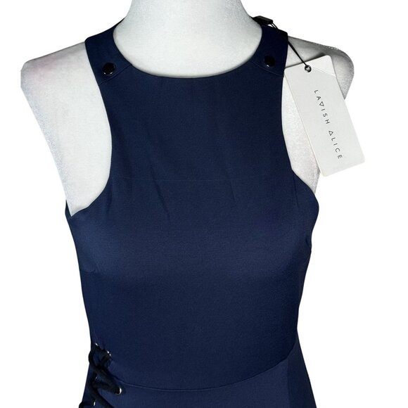 NWT Lavish Alice Womens Dress Size 8 Navy Sleeveless Bodycon Midi Dress Lace-Up - Picture 5 of 12